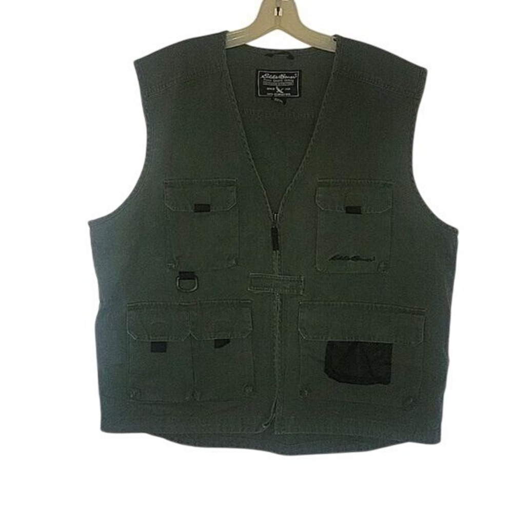 Eddie Bauer Mens Utility Vest Green Cotton Outdoor‎ Fishing Hiking Safari L